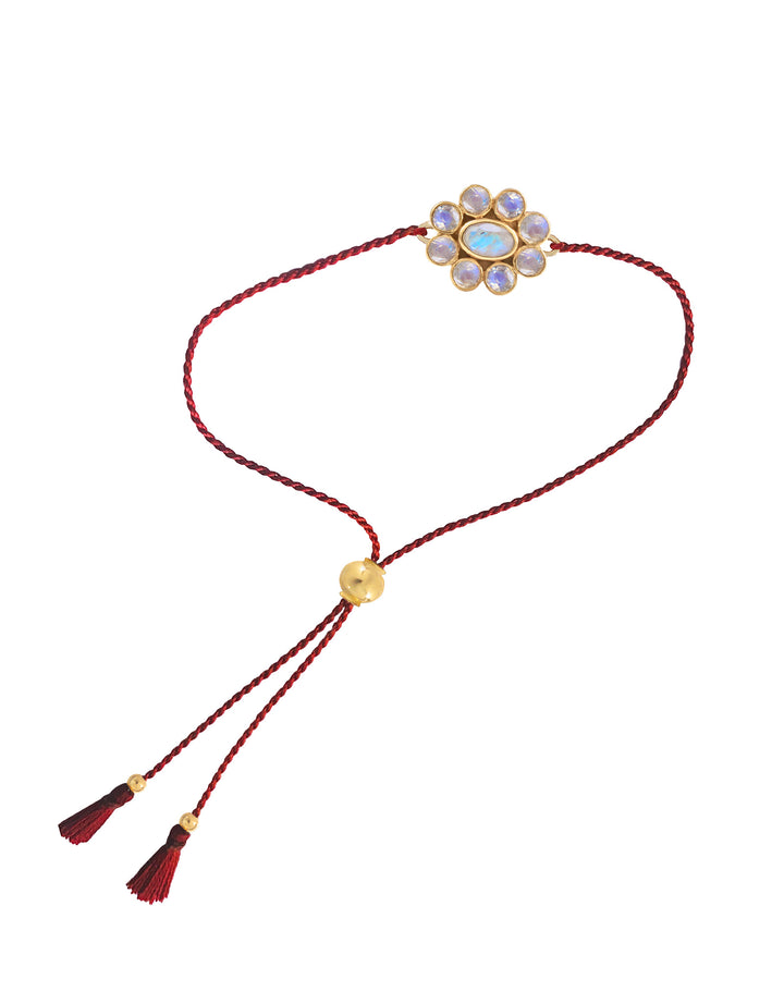 Bracelet 9 Planètes pierre de lune cordons rouges chaîne dorée Dorothée Sausset