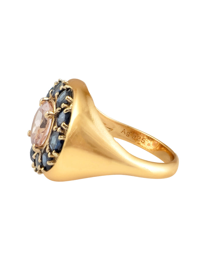 Bague Marigold, Morganite Rose Pâle, Saphir Bleu