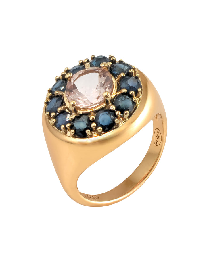Bague Marigold, Morganite Rose Pâle, Saphir Bleu