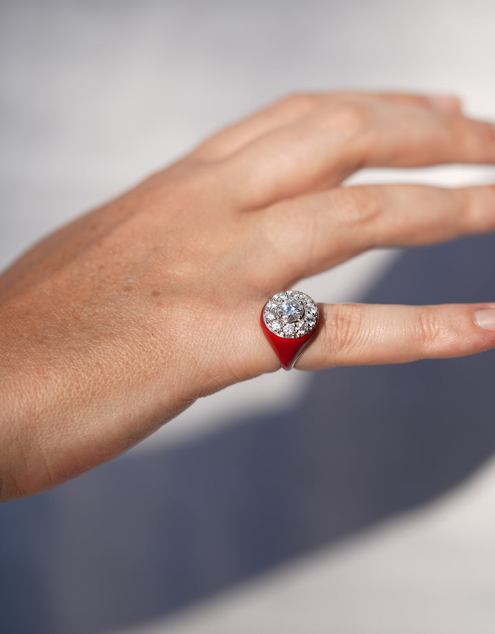 Marigold Ring, Rhodium, Moissanite, Red Enamel
