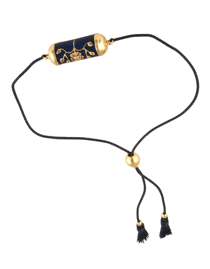 Bracelet Tabiz Taj émaillé bleu, laiton doré 24 carats, cordage noir avec perles dorées, inspiré du Taj Mahal