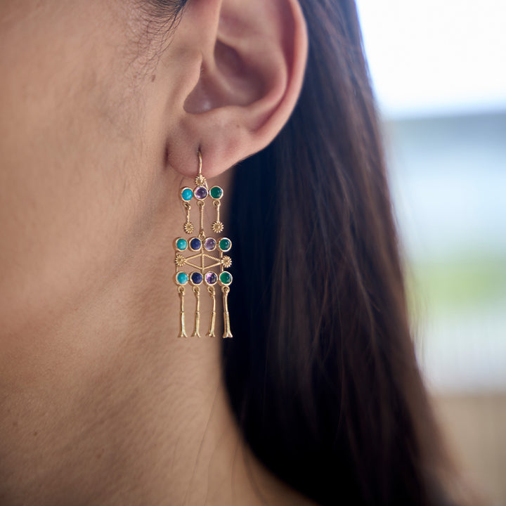 Frida 3 Onyx vert, Améthyste, Turquoise, Lapis-lazuli Boucles d'oreilles
