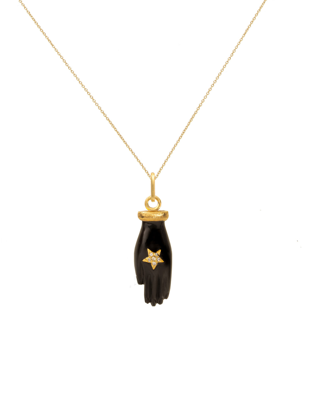 Collier Mahakranta Mudra pendentif main onyx noir avec étoile dorée laiton plaqué or