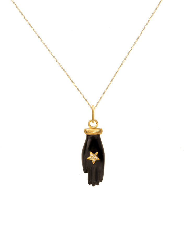 Collier Mahakranta Mudra pendentif main onyx noir avec étoile dorée laiton plaqué or