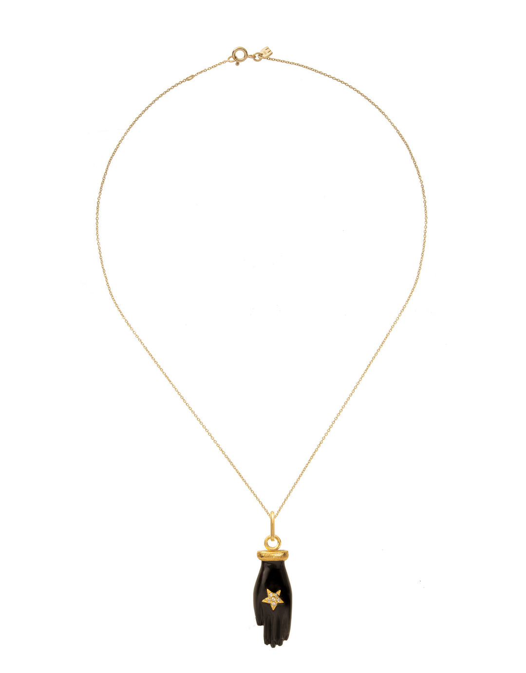 Collier Mahakranta Mudra avec pendentif main en onyx noir et détails dorés, chaîne plaquée or 18k