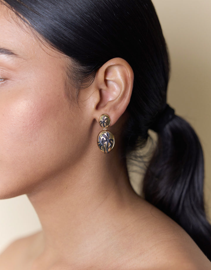 Boucles D'Oreilles Palm Or Et Rhodium Noir