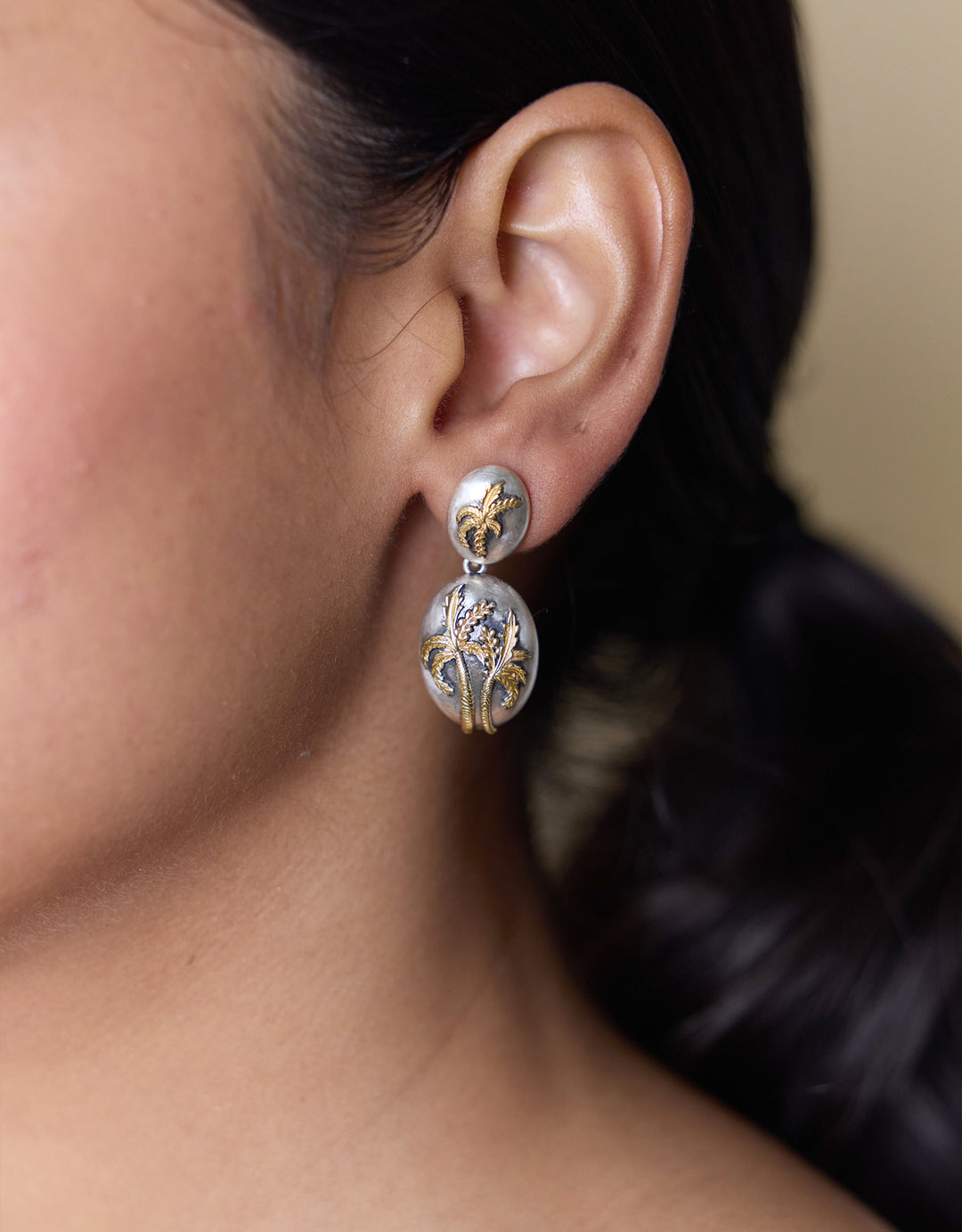 Boucles D’Oreilles Palm Argent Oxydé Et Or
