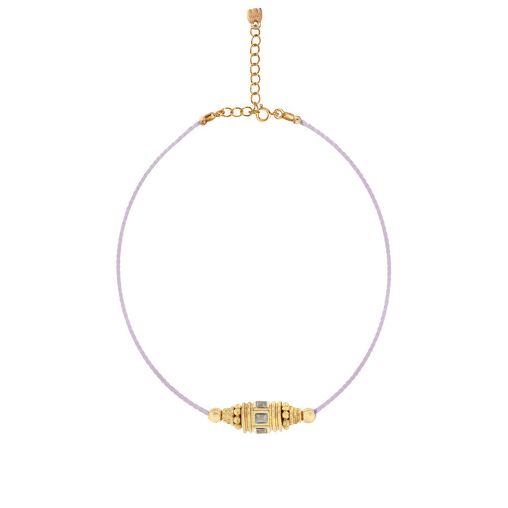 Choker Rakhi Labradorite fil lilas avec pendentif doré, collier bohème protection et affection