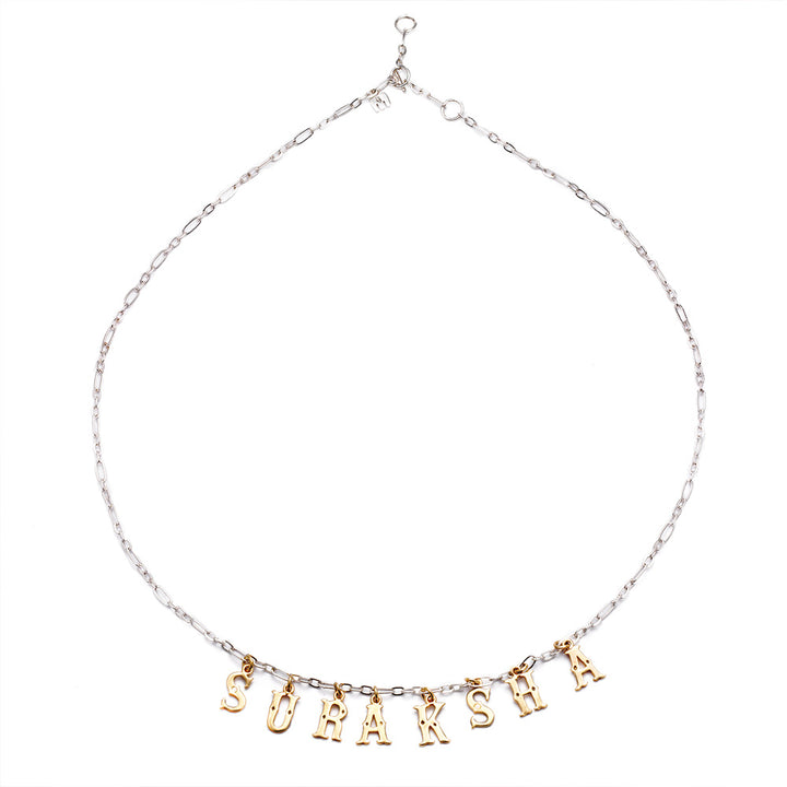 Suraksha Necklace silver chain gold letters